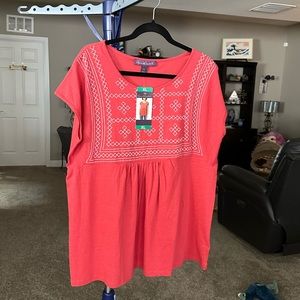Gloria Vanderbilt NWT orangish pink short sleeve embroidery in front top. XL